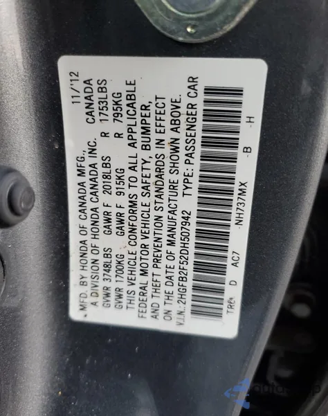 2013 Honda Civic Lx from USA, damaged, VIN 2HGFB2F52DH507942